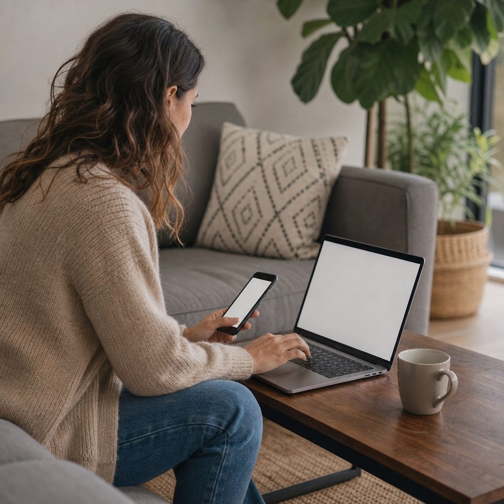 personne assise sur un canapé, smartphone et ordinateur portable ouverts côte à côte, remplissant un formulaire de concours de voyage en ligne, tasse de café à proximité