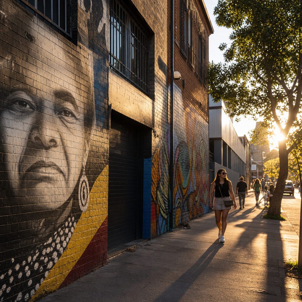 rue de Redfern à Sydney en fin d'après-midi, fresques murales colorées sur les murs de brique, quelques passants, lumière dorée rasante
