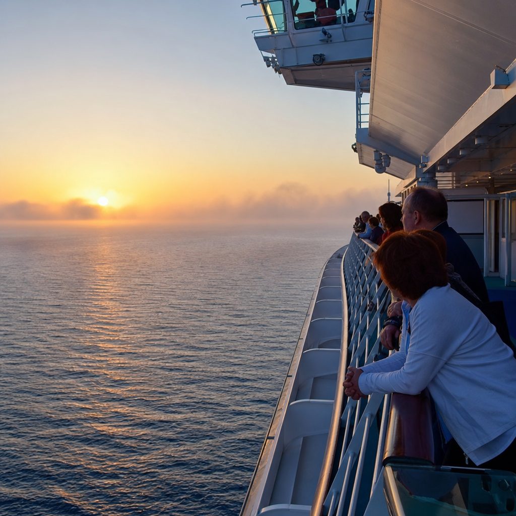 pont supérieur d'un paquebot de croisière au lever du soleil sur l'océan Atlantique, passagers accoudés au bastingage observant l'horizon brumeux