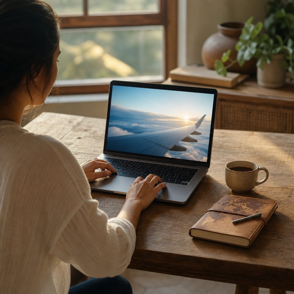 personne assise à une table en bois avec un ordinateur portable ouvert sur un écran de réservation de vol, tasse de café et carnet de voyage posés à côté, lumière naturelle de fin d'après-midi