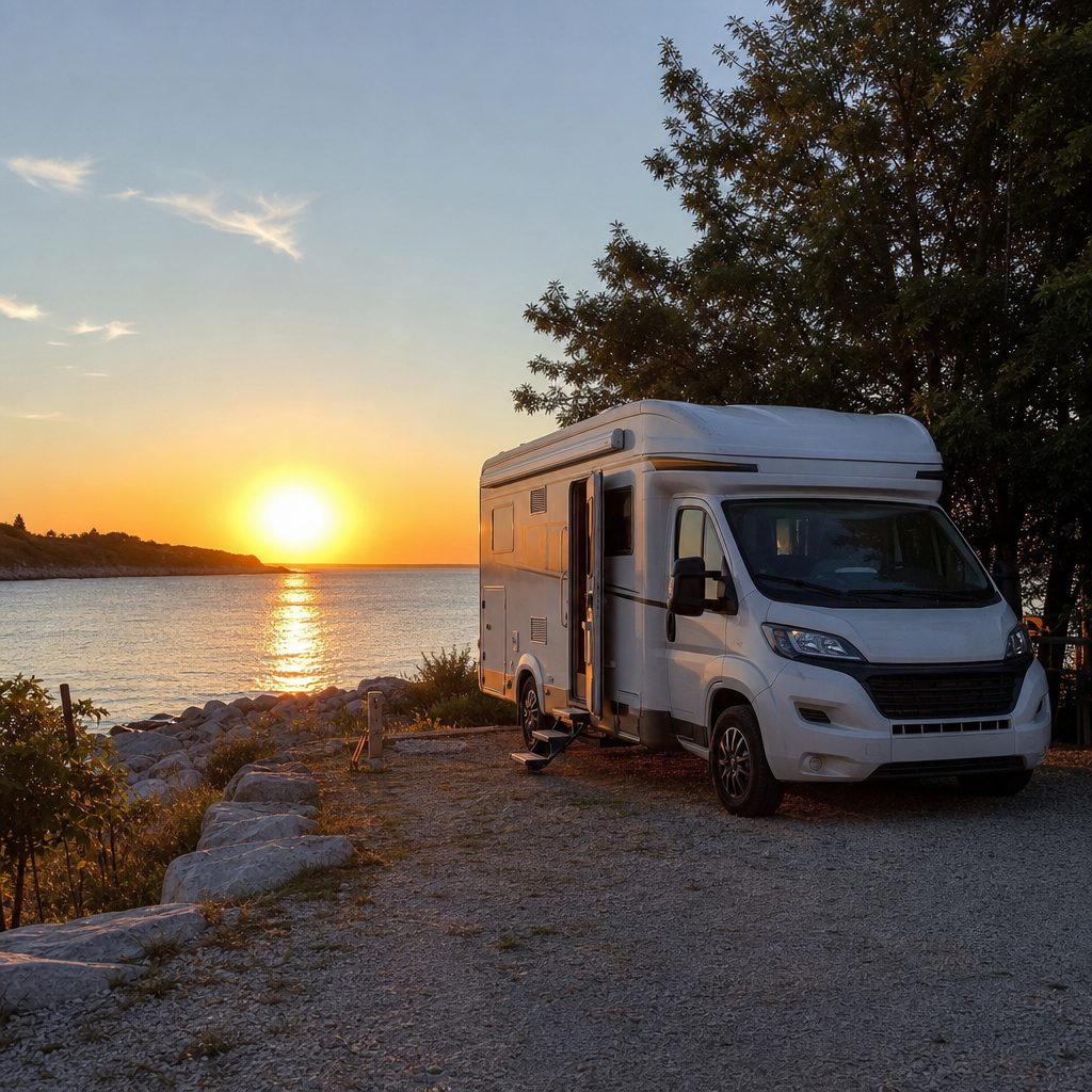 camping-car garé sur une aire officielle en bord de mer Adriatique en Istrie, au coucher du soleil, avec vue dégagée sur l'eau turquoise
