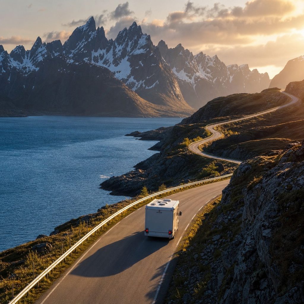 camping-car roulant seul sur une route côtière sinueuse en Norvège, fjord bleu profond en contrebas, montagnes enneigées en arrière-plan sous une lumière rasante de fin de journée