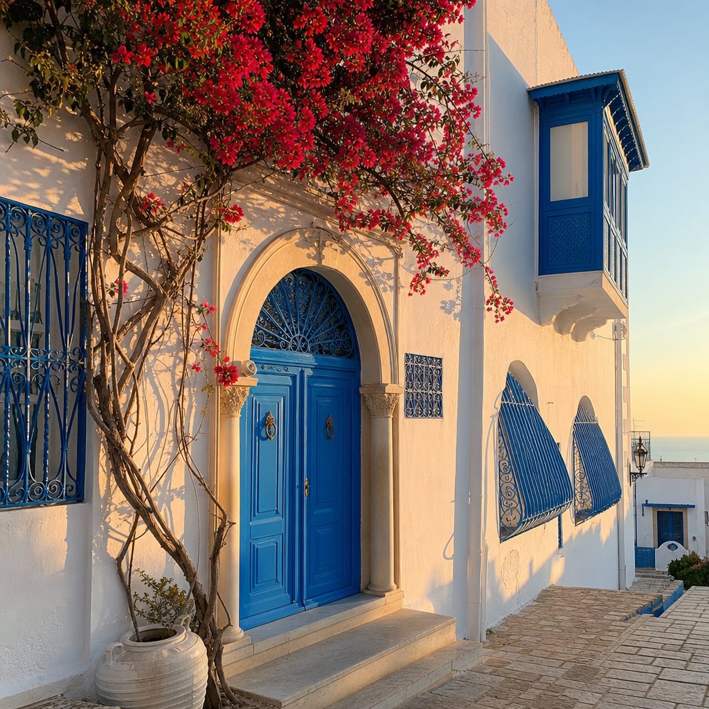 façade blanche et bleue d'une maison d'hôtes traditionnelle dans la médina de Sidi Bou Saïd, bougainvilliers en fleurs, lumière chaude de fin d'après-midi