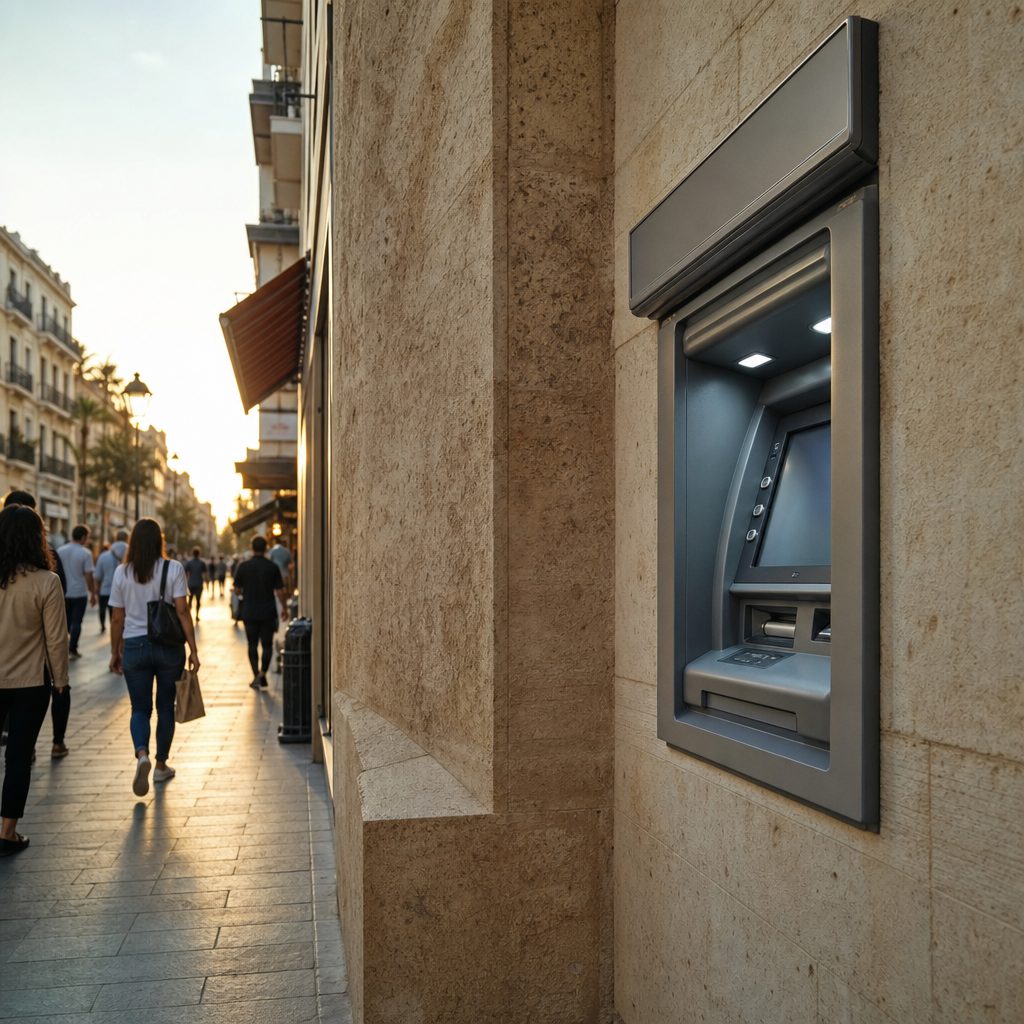 distributeur automatique de billets encastré dans le mur de pierre d'une rue commerçante tunisienne, enseigne bancaire visible, passants en arrière-plan sous un ciel de fin de journée