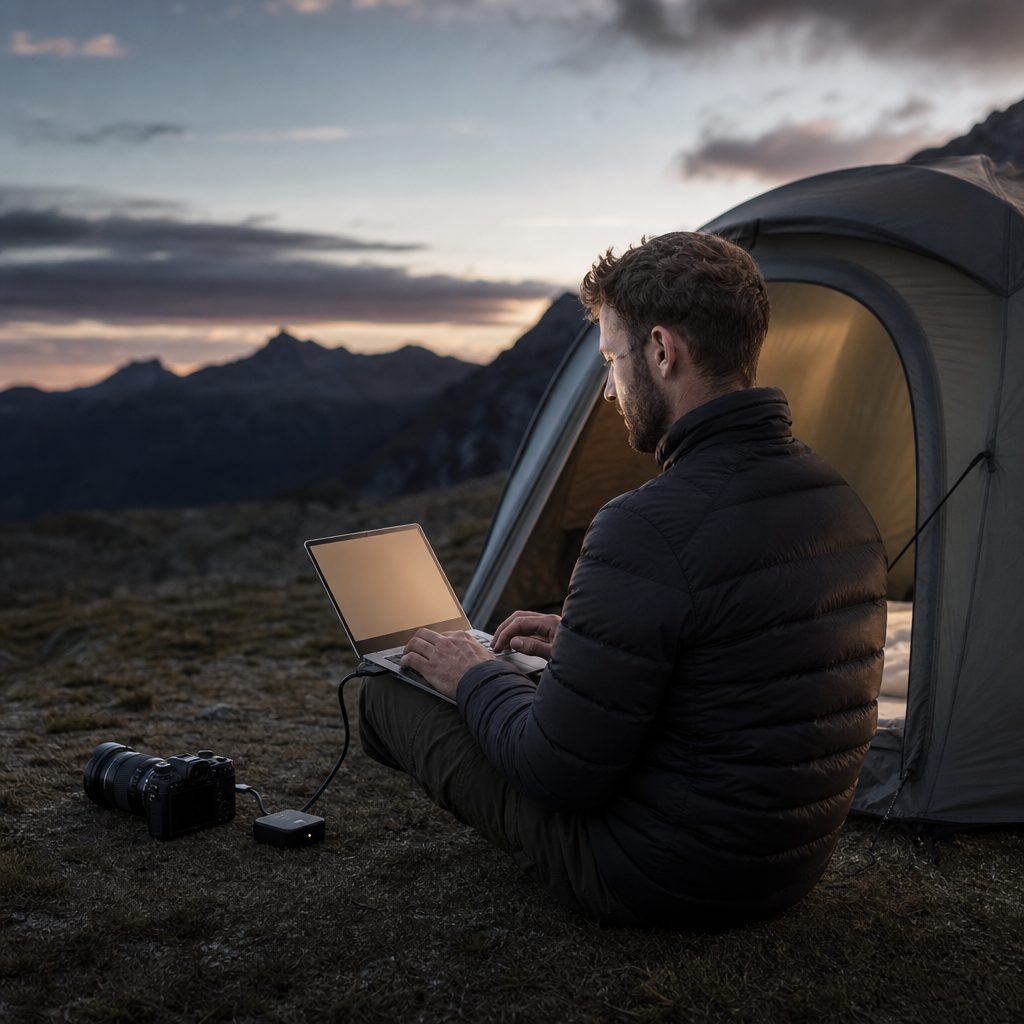 photographe assis devant une tente au crépuscule, ordinateur portable ouvert sur les genoux, appareil photo reflex posé à côté avec un petit boîtier Wi-Fi branché sur le port USB
