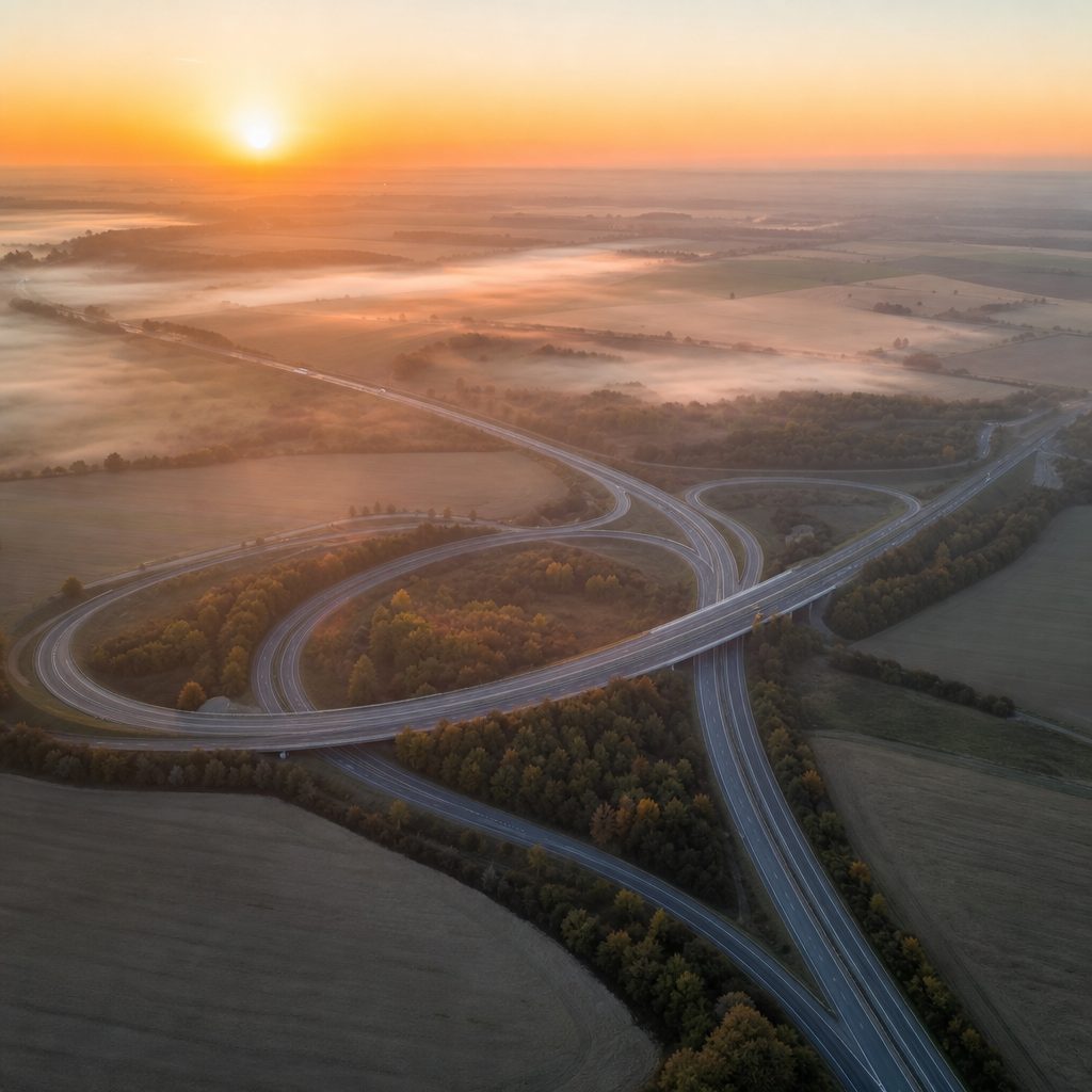 vue aérienne au lever du soleil sur un échangeur autoroutier en Île-de-France, bretelles courbes se détachant sur une plaine agricole brumeuse
