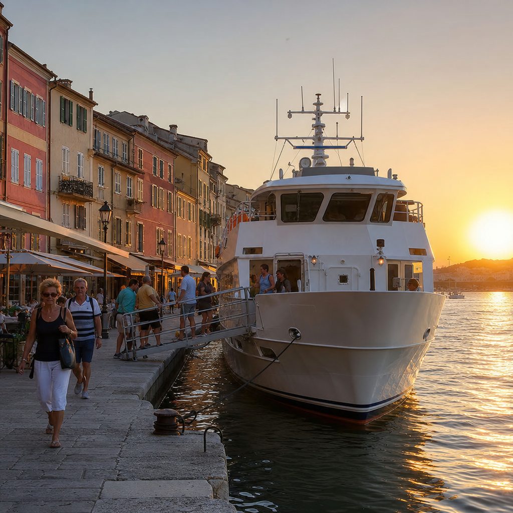petit navire de croisière blanc à taille humaine accosté au coucher du soleil dans un port méditerranéen étroit bordé de maisons colorées, passagers descendant la passerelle