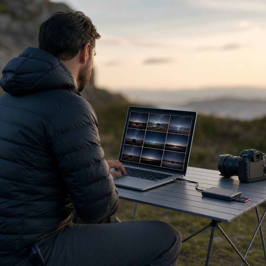 photographe assis à une table de camping, carte SD insérée dans un lecteur externe branché à un ordinateur portable, écran affichant une galerie de photos de paysage nocturne