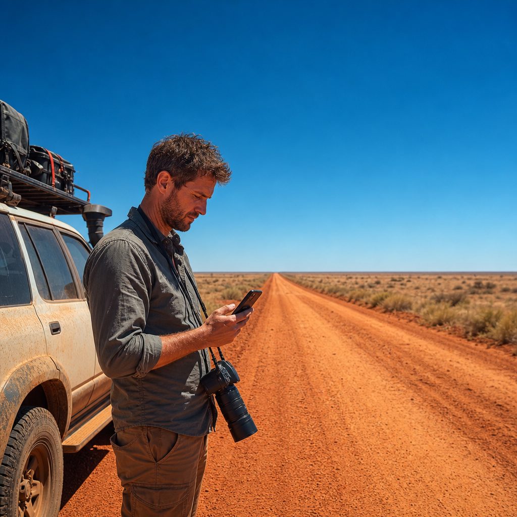 voyageur photographe debout à côté d'un 4x4 sur une route rouge et déserte de l'outback australien, smartphone à la main affichant aucune barre de réseau, ciel bleu vif et horizon plat à perte de vue