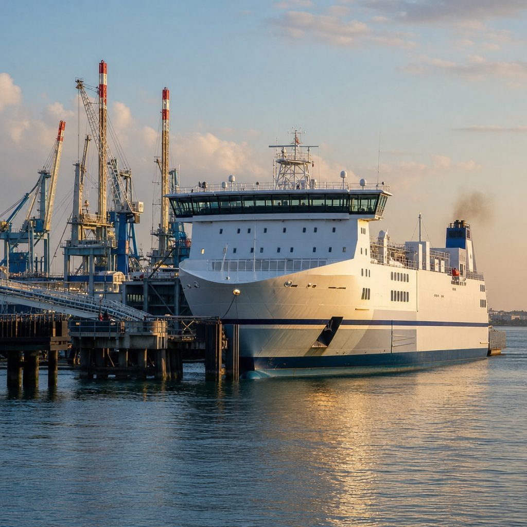 ferry cargo mixte amarré au terminal de Montoir-de-Bretagne près de Saint-Nazaire, grues portuaires en arrière-plan, lumière de fin d'après-midi
