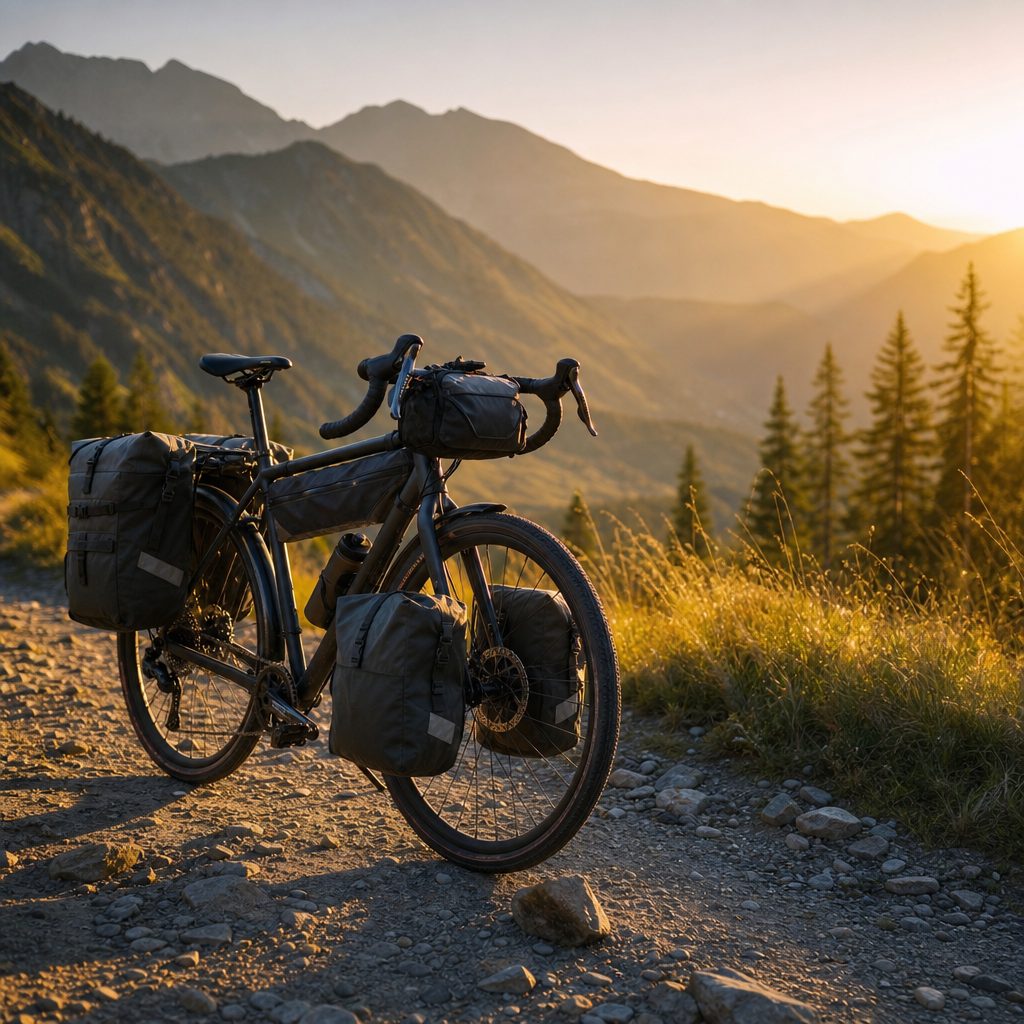 vélo de voyage chargé de sacoches avant et arrière, posé sur un chemin de terre en montagne, lumière dorée de fin d'après-midi