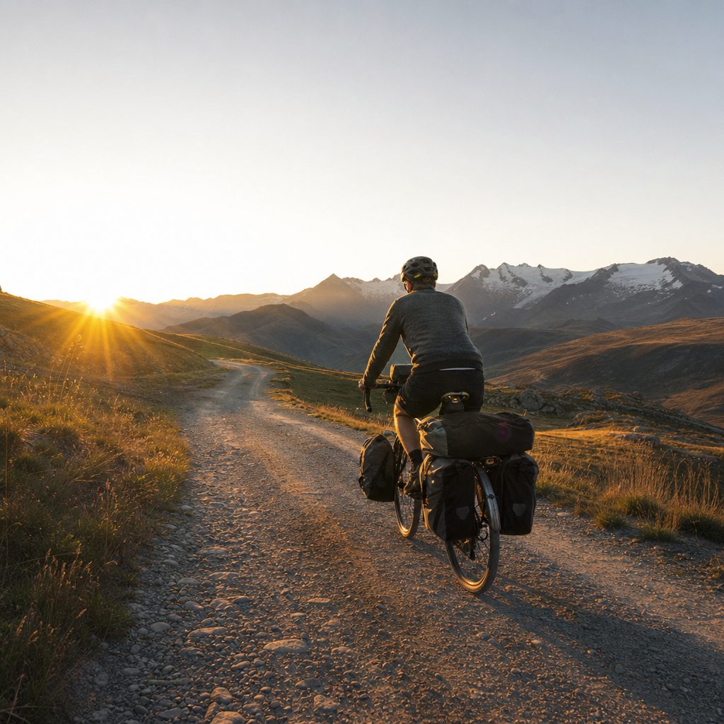 cycliste chargé de quatre sacoches sur un vélo de trekking acier, roulant sur une piste de gravier au lever du soleil, montagnes en arrière-plan