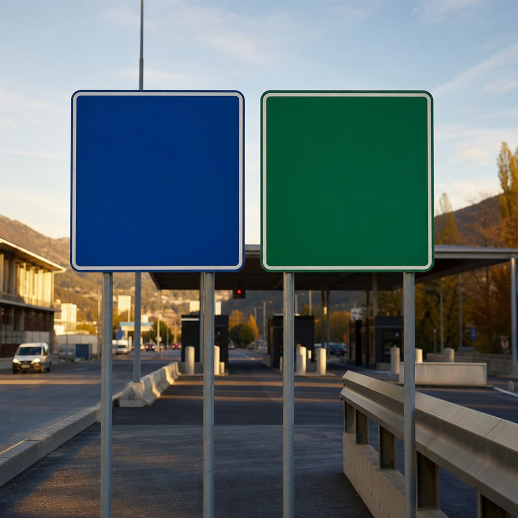 panneau routier de signalisation à un poste-frontière franco-suisse, panneau bleu français et panneau vert suisse visibles côte à côte, lumière de fin d'après-midi