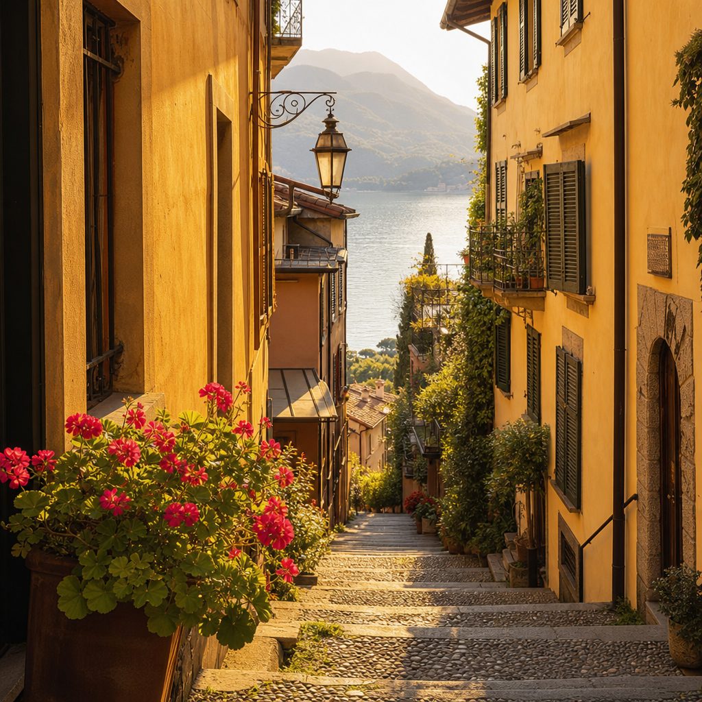 ruelle pavée en escalier de Bellagio bordée de façades ocre et de pots de géraniums, lumière dorée de fin d'après-midi, absence de touristes