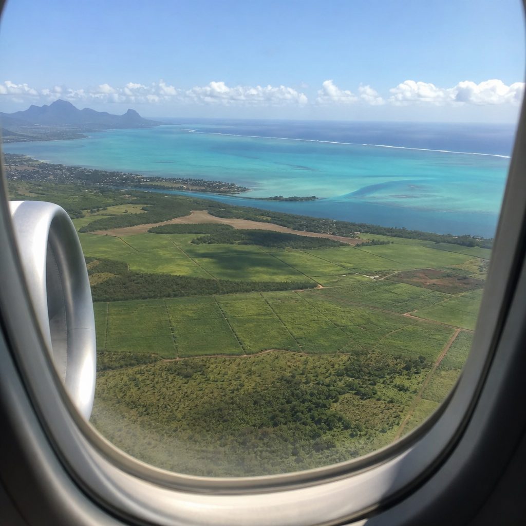 hublot d'avion au décollage avec vue sur le lagon turquoise de l'île Maurice et les champs de canne à sucre en contrebas