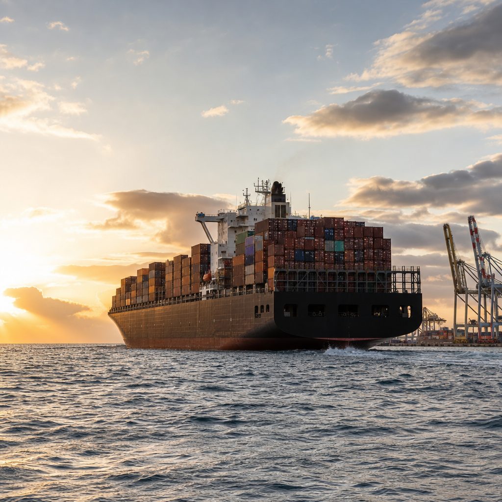cargo de marchandises chargé de conteneurs quittant le port de Port-Louis à Maurice au lever du soleil, mer légèrement agitée