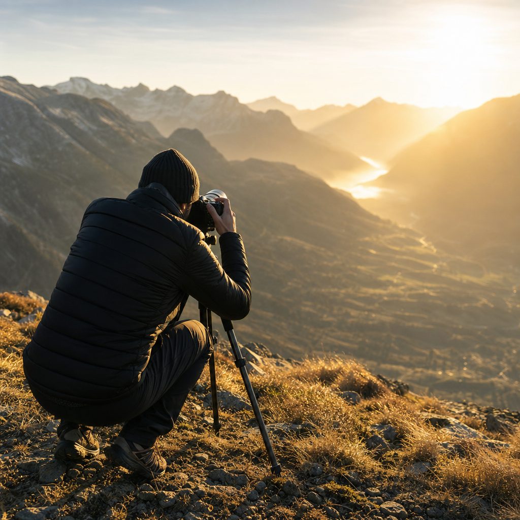 photographe accroupi près d'un trépied avec un reflex professionnel, cadrant une vallée de montagne baignée par la lumière dorée du lever du soleil
