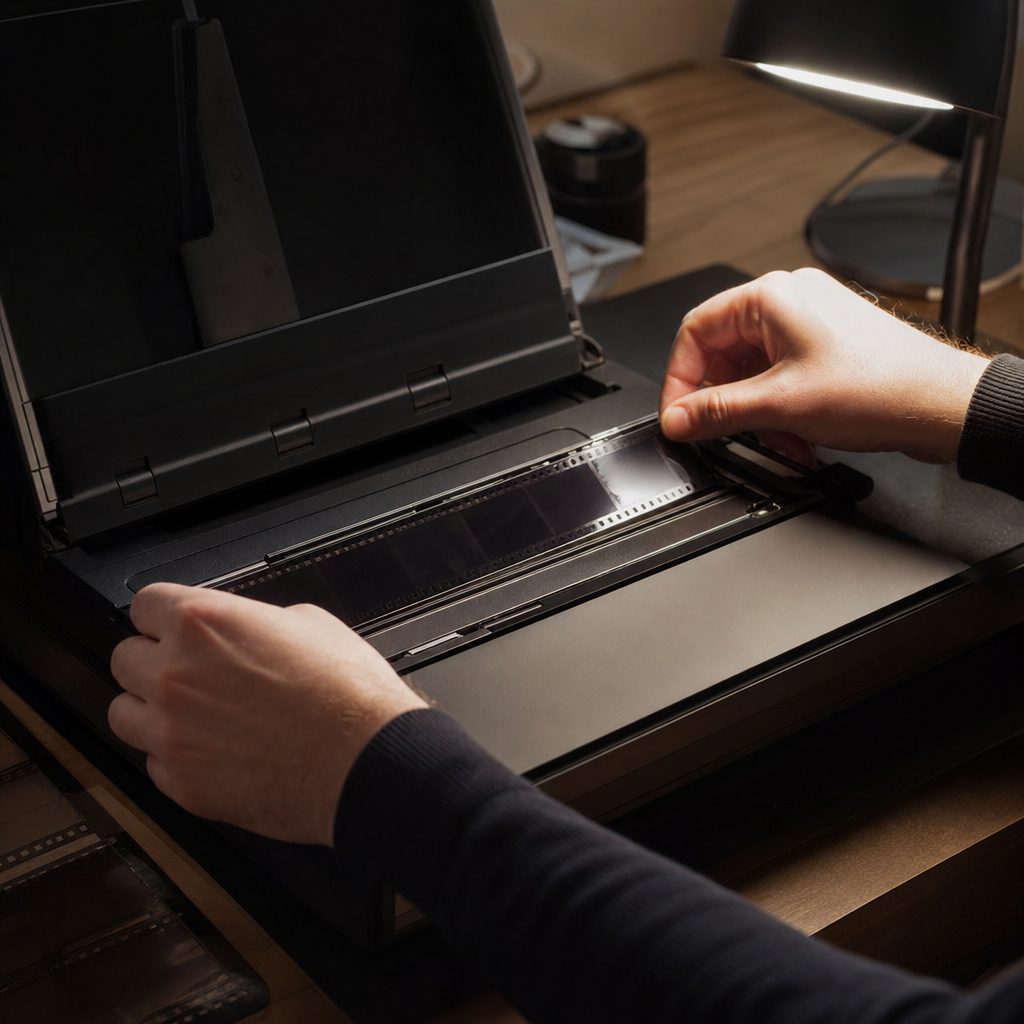 main glissant une bande de négatifs moyen format 6x7 dans un support de scanner professionnel, sur une table de travail éclairée par une lampe d'appoint