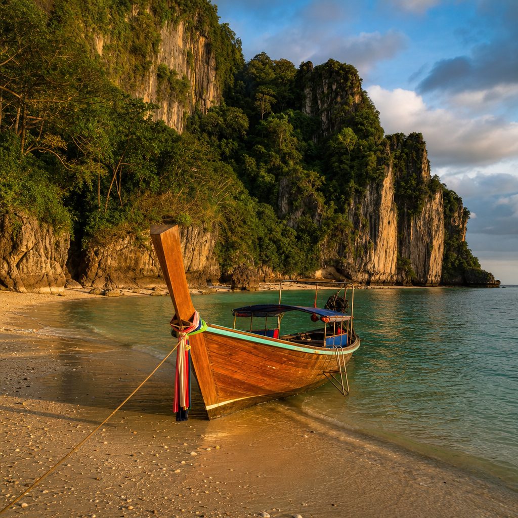 bateau en bois traditionnel longtail accostant sur une plage isolée bordée de falaises calcaires et de jungle dense, lumière de fin d'après-midi