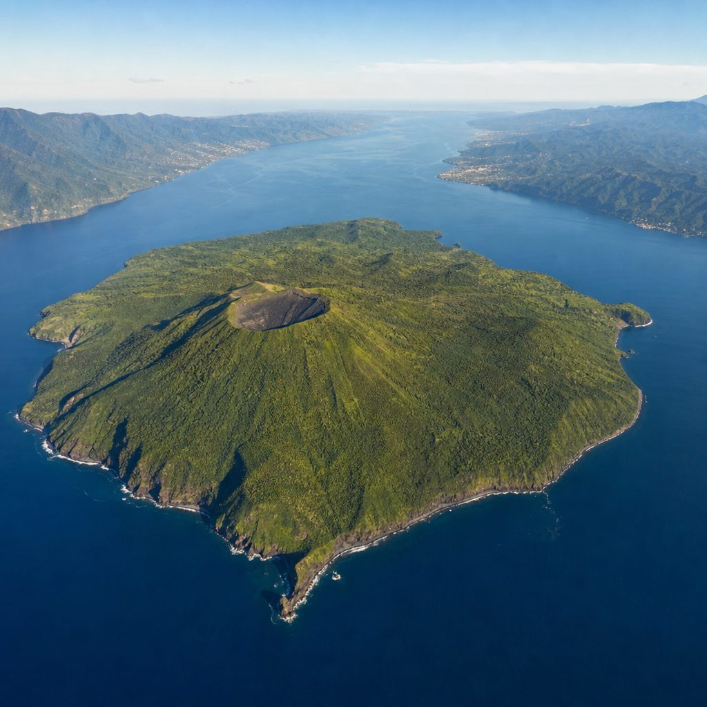 vue aérienne d'une île volcanique verdoyante entourée d'un détroit marin étroit, avec une autre côte visible au loin sous un ciel dégagé
