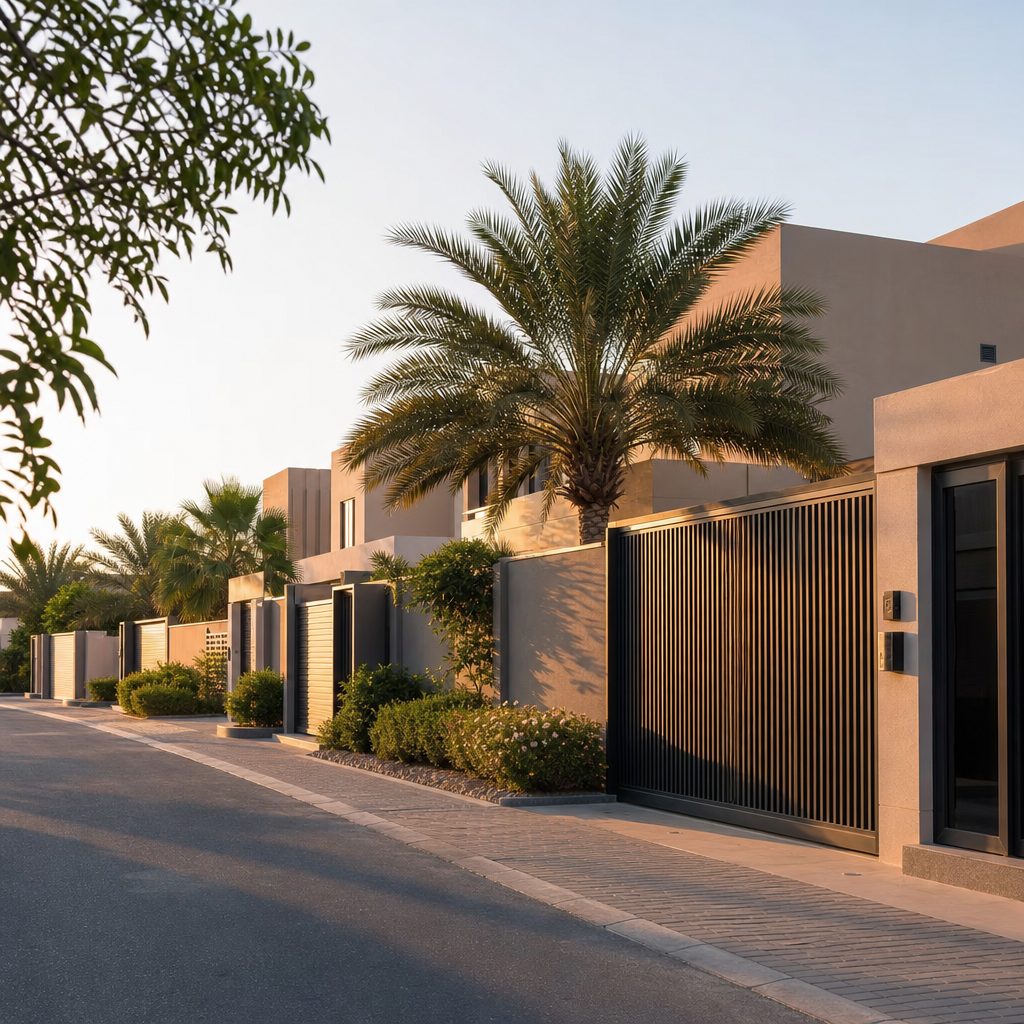 rue résidentielle moderne aux Émirats Arabes Unis, villas fermées derrière des grilles hautes, lumière chaude de fin d'après-midi, aucune présence humaine visible