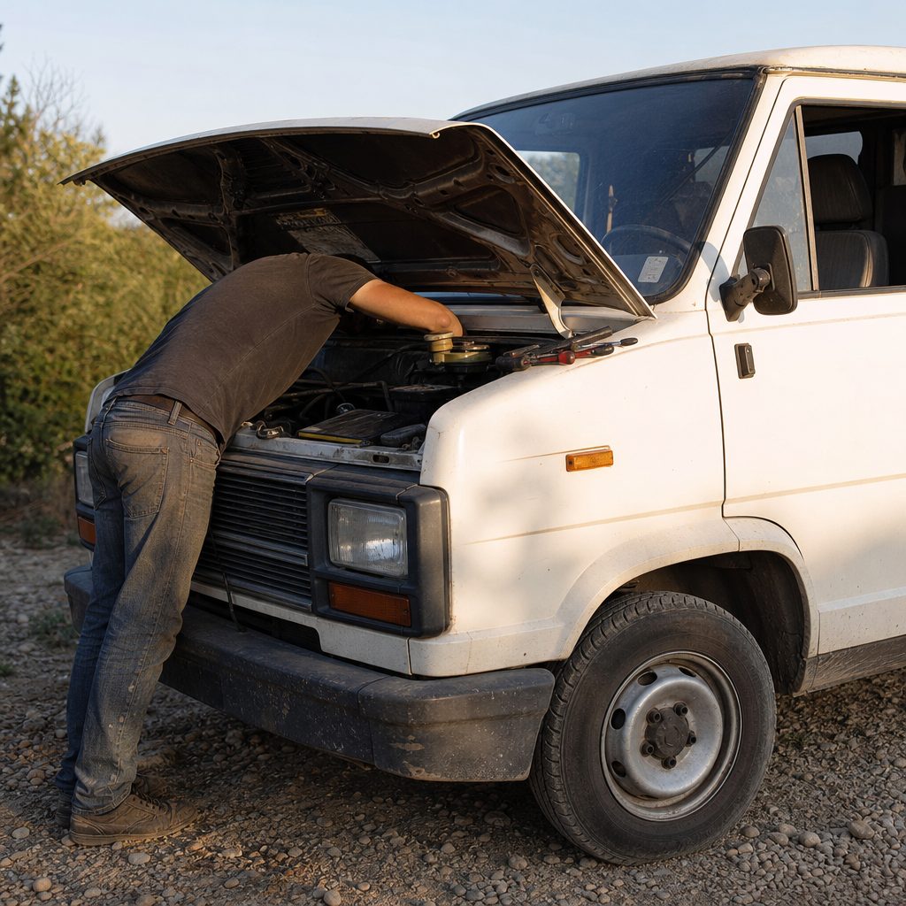 mécanicien penché sous le capot ouvert d'un vieux fourgon Peugeot J5 garé sur un terrain caillouteux, lumière de fin d'après-midi, outils posés sur l'aile