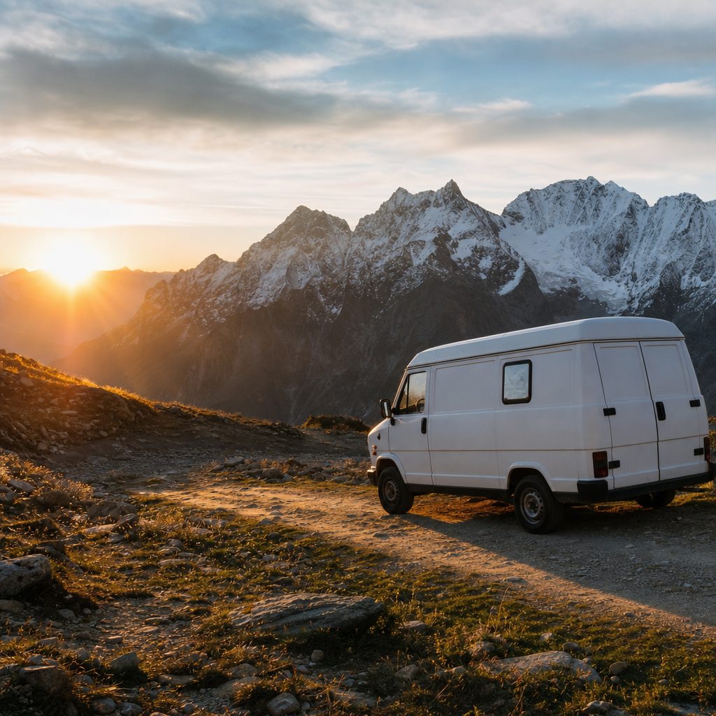 fourgon aménagé Peugeot J5 blanc garé sur une piste de montagne caillouteuse au lever du soleil, sommets enneigés en arrière-plan