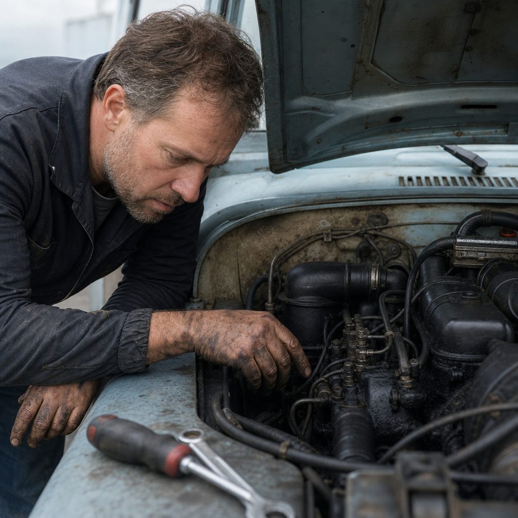 gros plan sur un mécanicien vérifiant le compartiment moteur diesel d'un utilitaire ancien, mains tachées de cambouis, outils posés sur l'aile