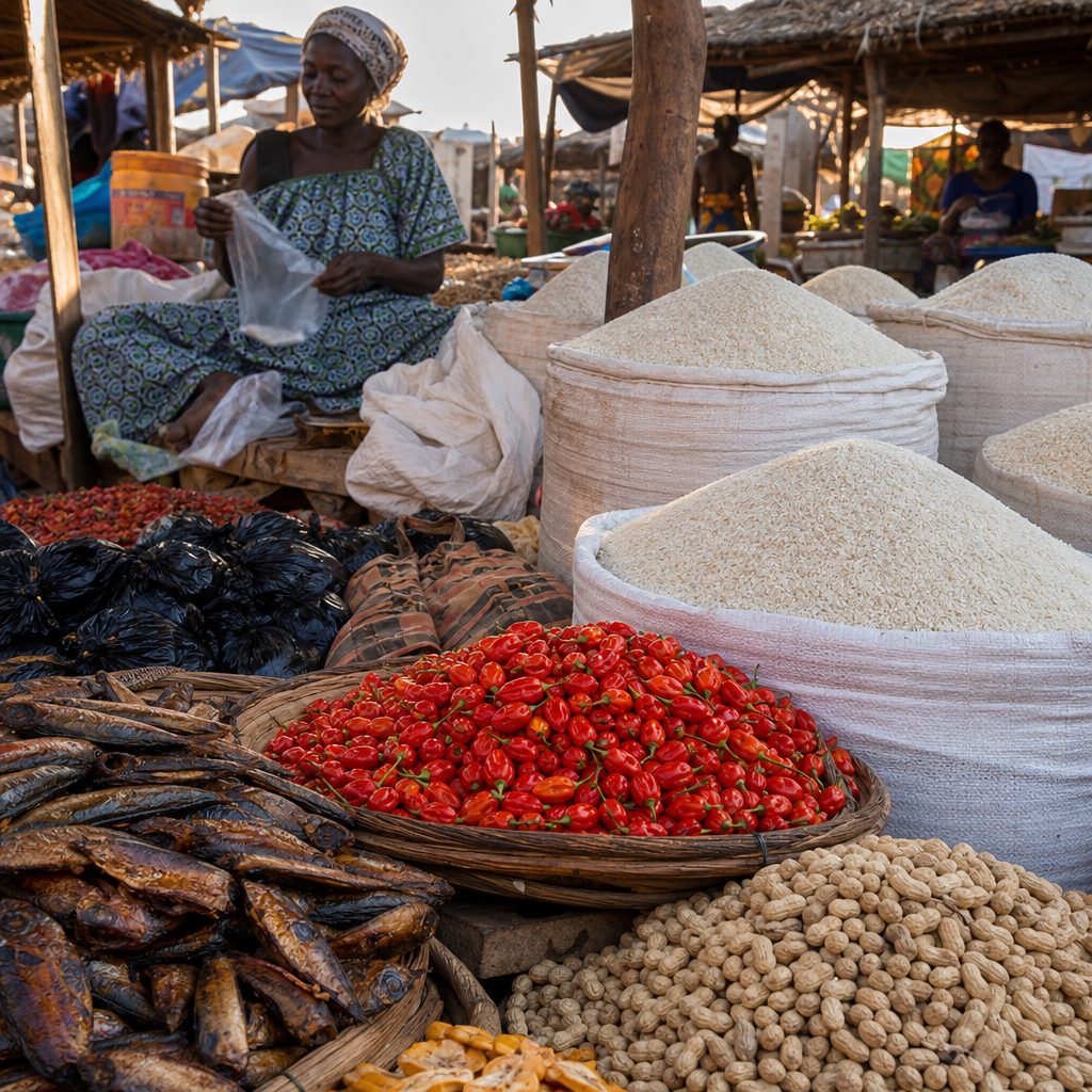 étal de marché africain avec riz en sacs, piments rouges frais, arachides et poisson fumé exposés en tas colorés sous une lumière de fin d'après-midi