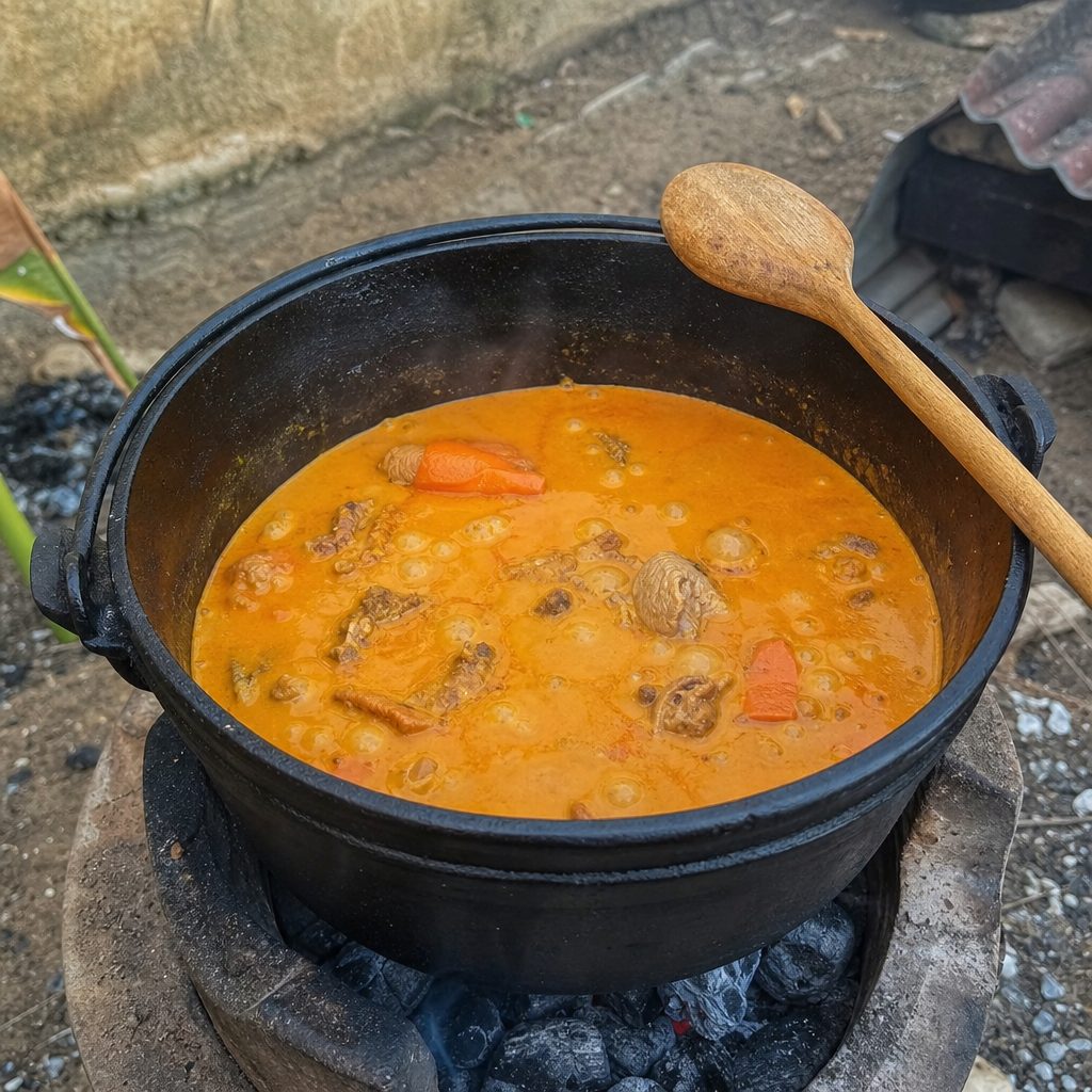 marmite en fonte noire posée sur un feu de charbon extérieur, sauce à l'arachide orangée qui mijote avec des morceaux de viande et de carotte, cuillère en bois posée sur le rebord