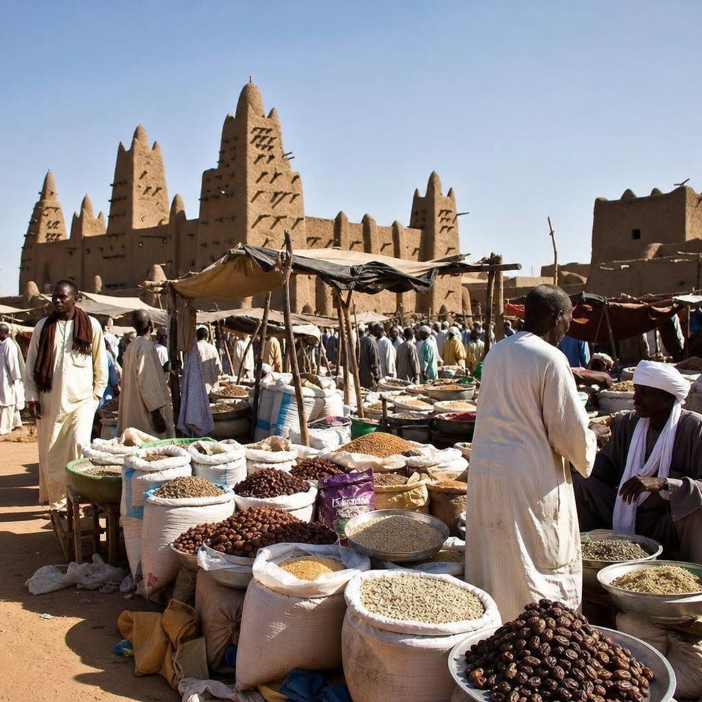 marché en plein air à Tombouctou avec étals de dattes, sacs de mil et épices en vrac, vendeurs en boubou clair sous un soleil de milieu de journée