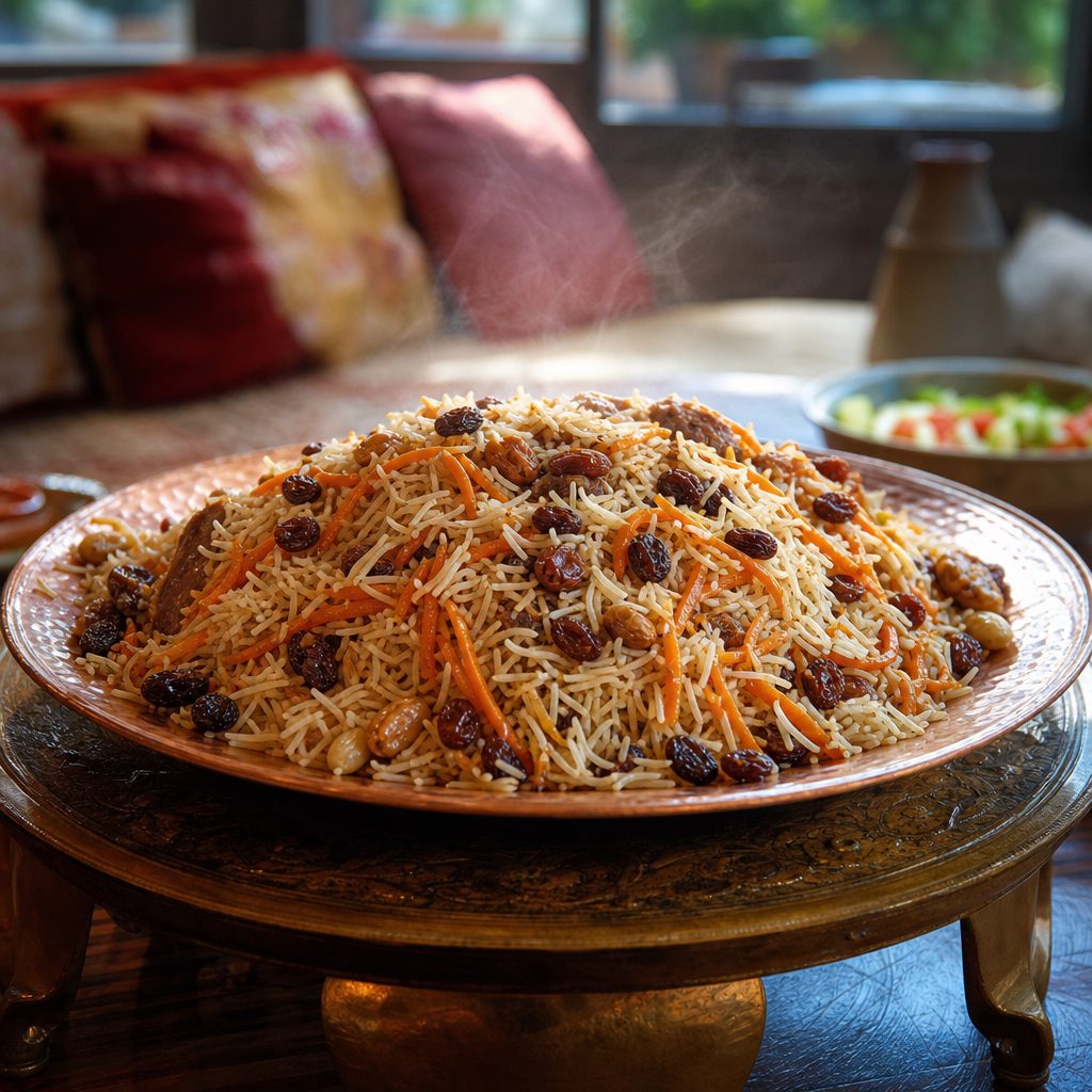 plat de riz Qabili Palaw fumant, garni de raisins secs et de fines lamelles de carotte confite, dressé dans un grand plat en cuivre sur une table basse