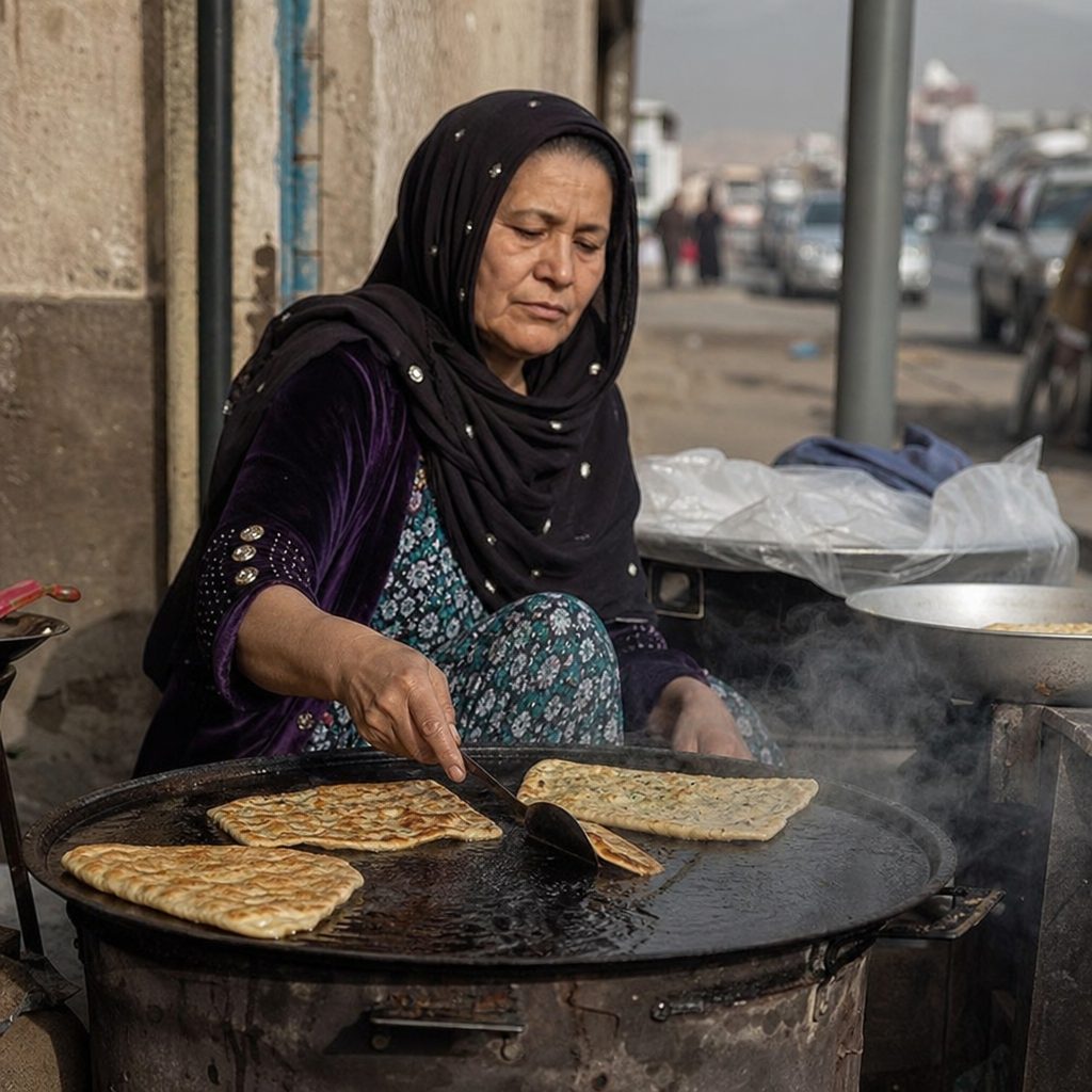 femme afghane faisant frire des bolani dorés sur une plaque de fonte au bord d'une rue, fumée légère montant des galettes