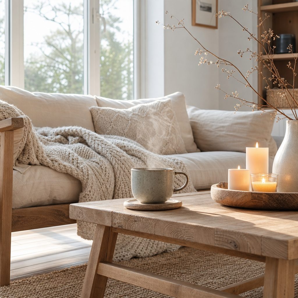 intérieur scandinave lumineux avec bougies allumées, plaid en laine sur un canapé en bois clair, tasse en grès fumant posée sur une table basse en chêne