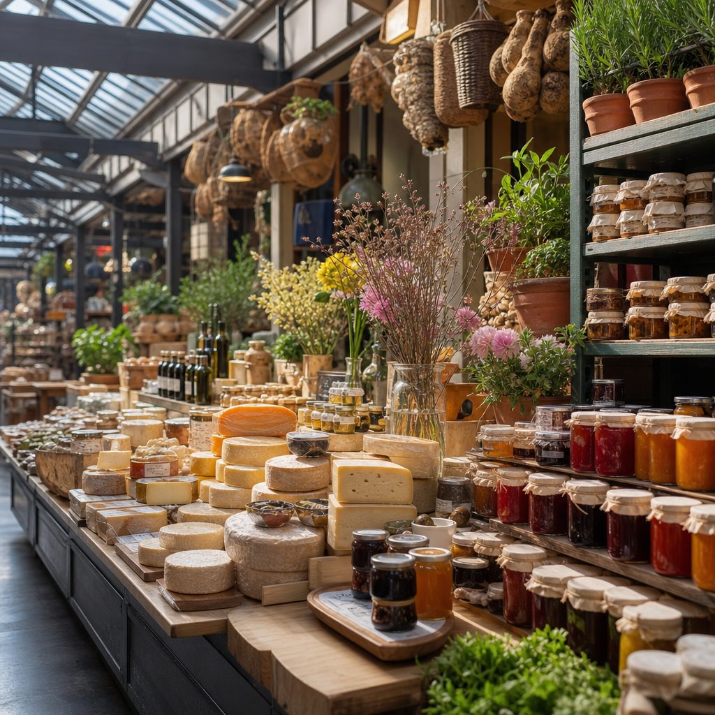 étals colorés d'un marché couvert scandinave avec produits artisanaux, fromages et bocaux de confiture alignés, lumière naturelle filtrant par une verrière