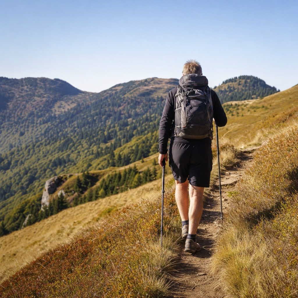 randonneur de dos gravissant un sentier de chaume herbeuse dans les Vosges, crêtes boisées et ciel dégagé en arrière-plan, lumière de fin de matinée