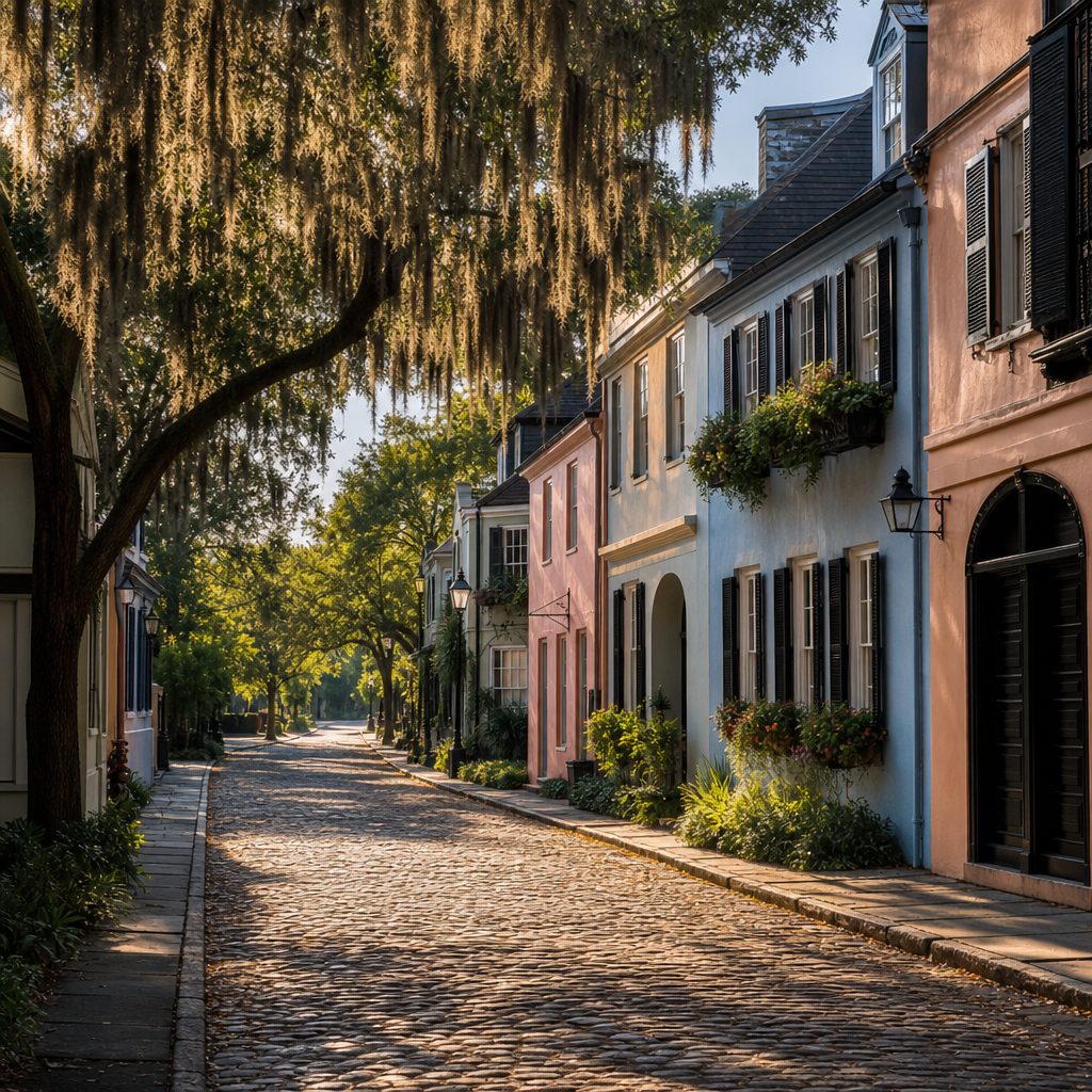 rue pavée de Charleston bordée de maisons coloniales colorées, lumière chaude de fin d'après-midi, quelques chênes couverts de mousse espagnole en arrière-plan