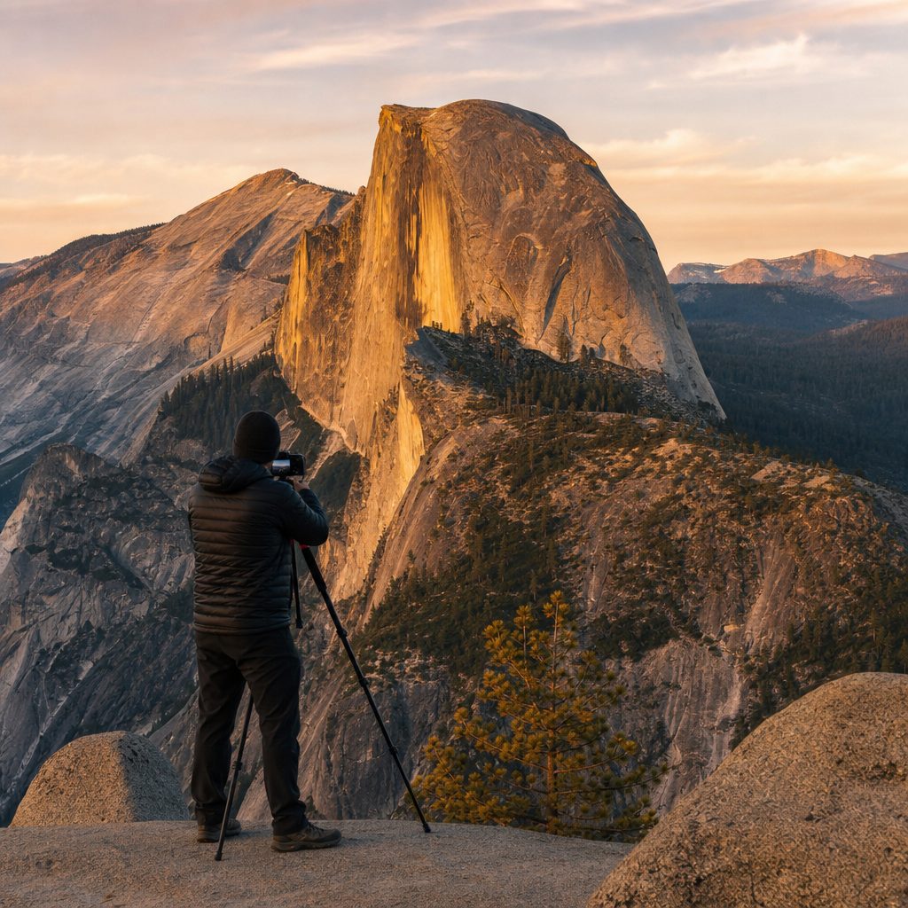 photographe au trépied face à Half Dome depuis Glacier Point à Yosemite, lumière dorée de fin d'après-midi sur les parois de granit