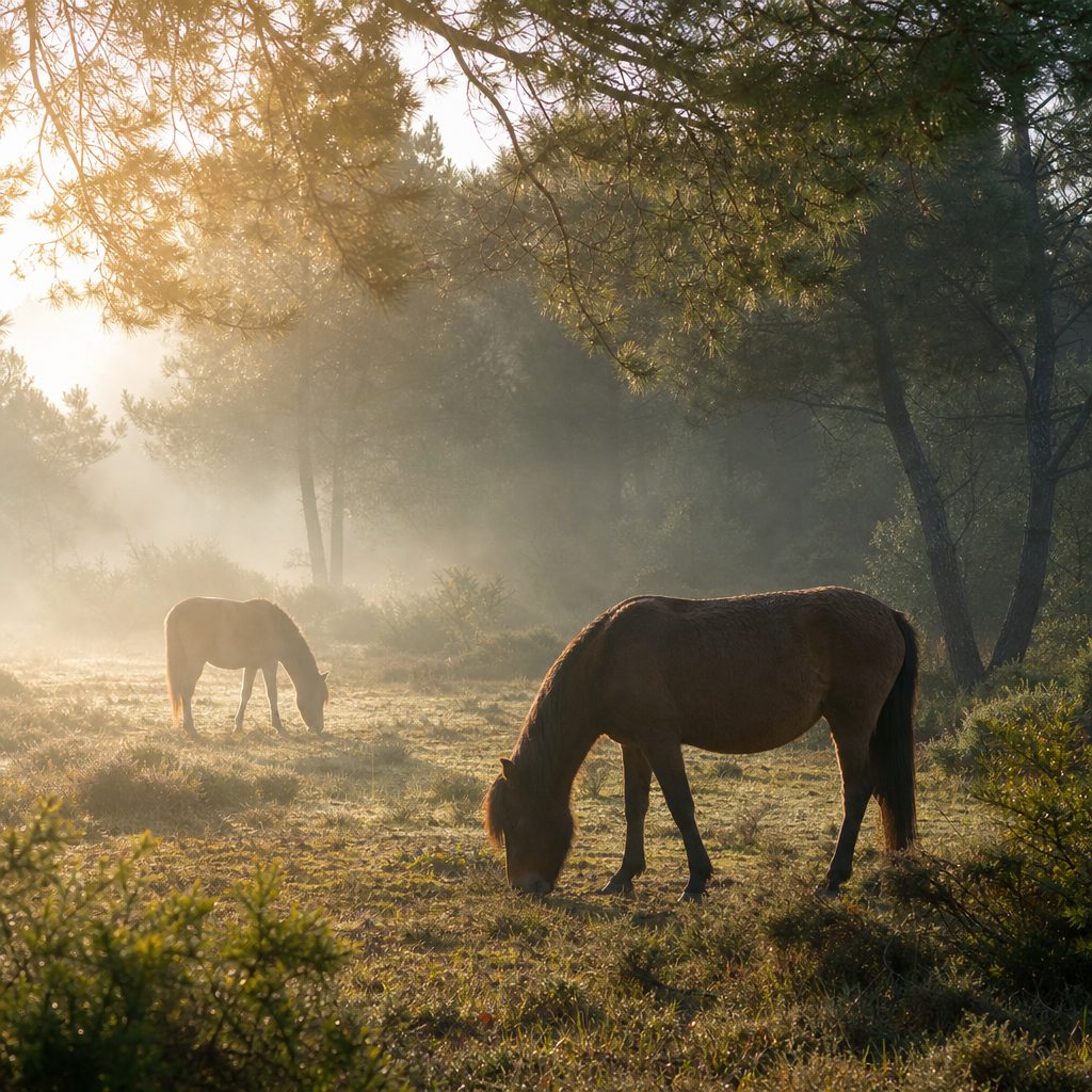 chevaux garranos sauvages broutant dans une clairière brumeuse de la forêt de Mata de Albergaria au lever du jour