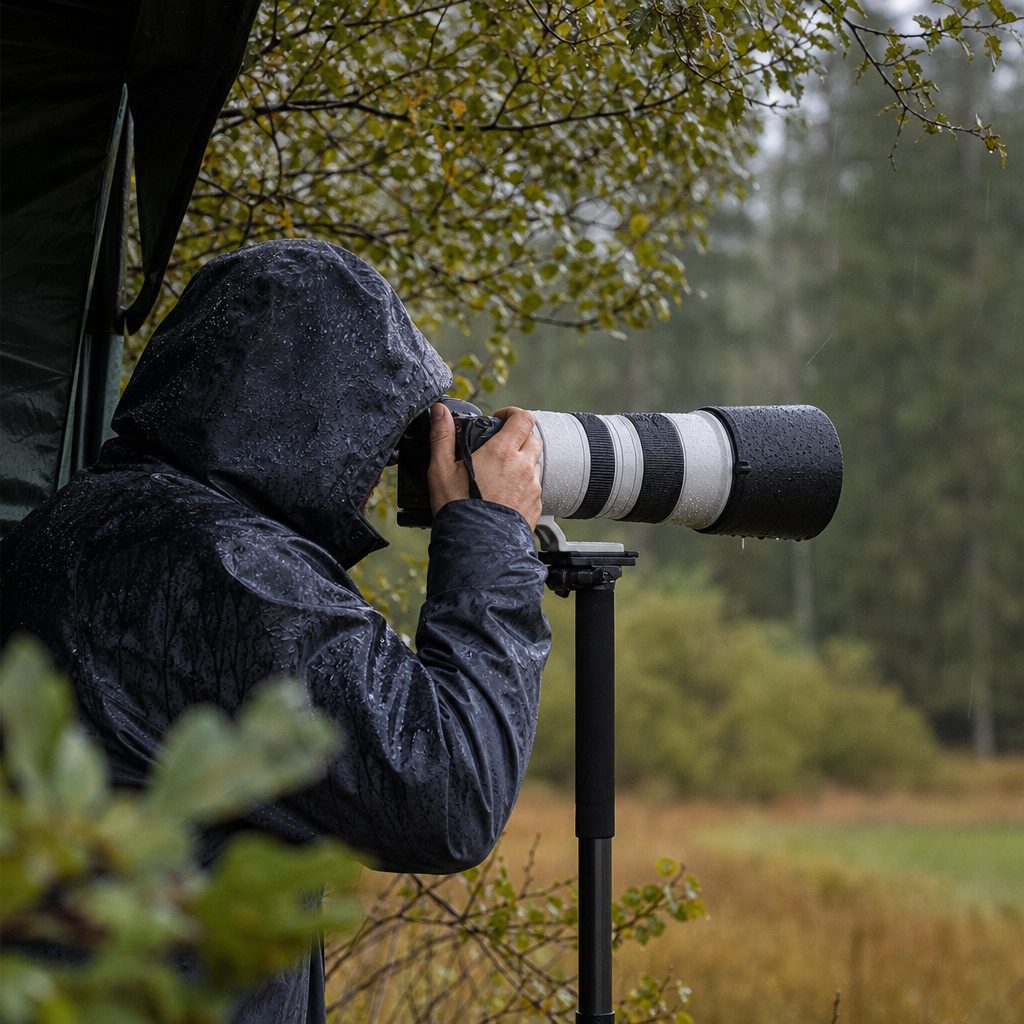 photographe en veste imperméable tenant un gros télézoom blanc et noir monté sur monopode, en affût sous la pluie en lisière de forêt