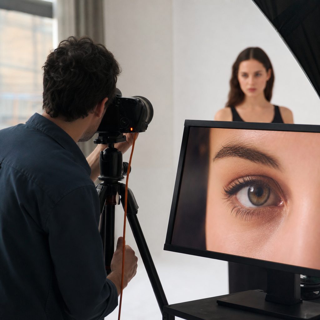 photographe testant la mise au point d'un objectif sur un mannequin en studio, écran de contrôle affichant un zoom sur la zone de netteté