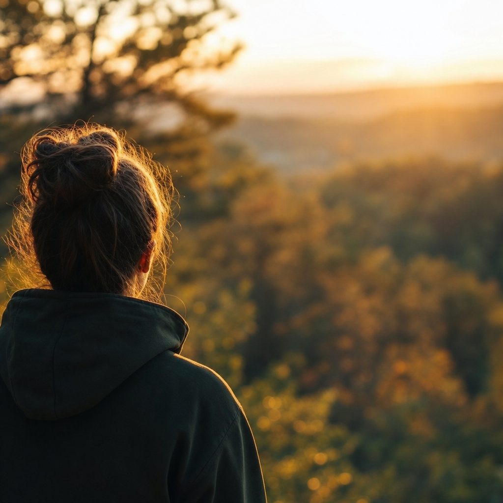 portrait en extérieur d'une personne de dos regardant un paysage forestier, arrière-plan flouté en bokeh doux, lumière dorée de fin de journée