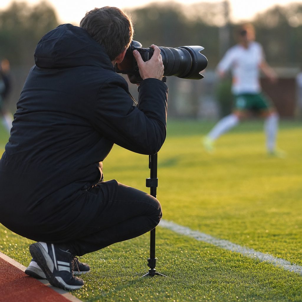 photographe accroupi en bord de terrain de sport, longue-vue téléobjectif posé sur monopode, suivant un joueur en pleine action sous une lumière de fin d'après-midi