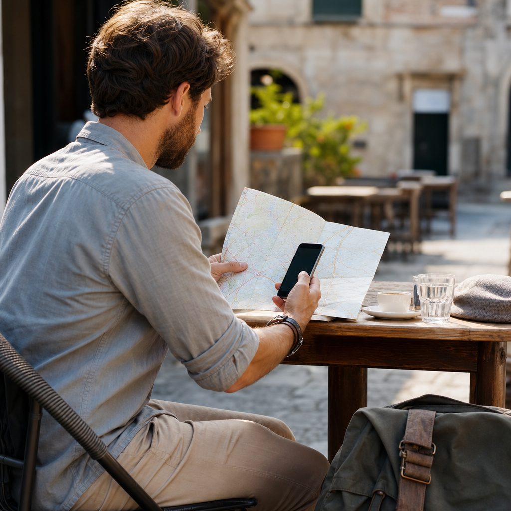 voyageur assis en terrasse consultant une carte papier et un smartphone affichant un site de voyage, sac à dos posé au sol, lumière de fin de matinée