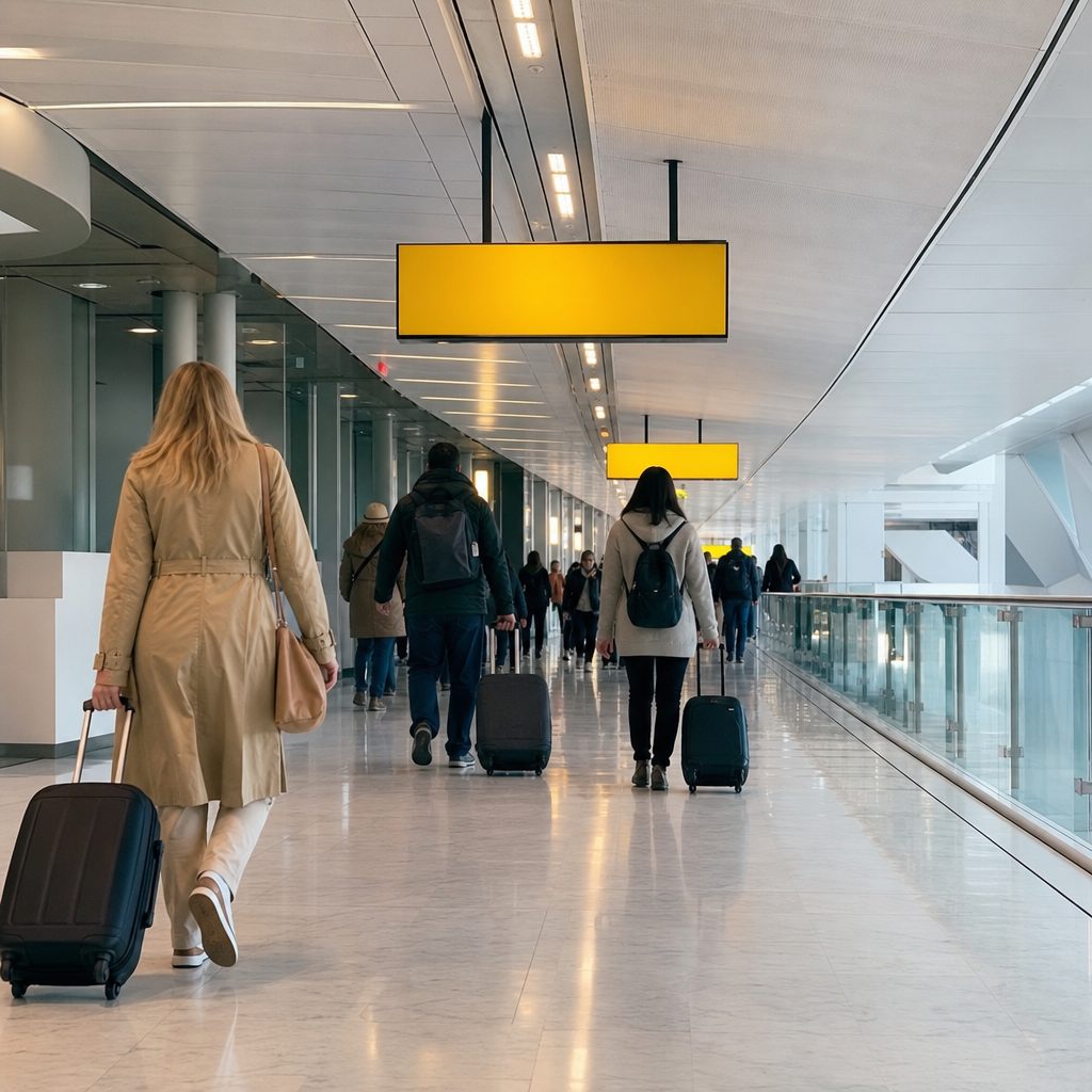 long couloir intérieur d'aéroport avec panneaux de signalétique jaunes indiquant les directions terminal 2E et 2F, voyageurs marchant avec bagages cabine sous un éclairage artificiel