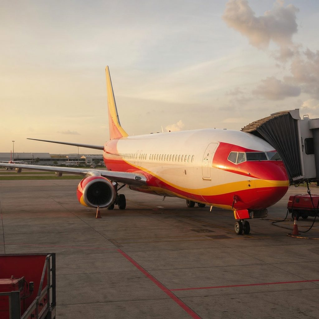 Boeing 737 aux couleurs rouge et jaune de Thai Lion Air stationné sur le tarmac de l'aéroport Don Mueang à Bangkok, sous une lumière de fin d'après-midi
