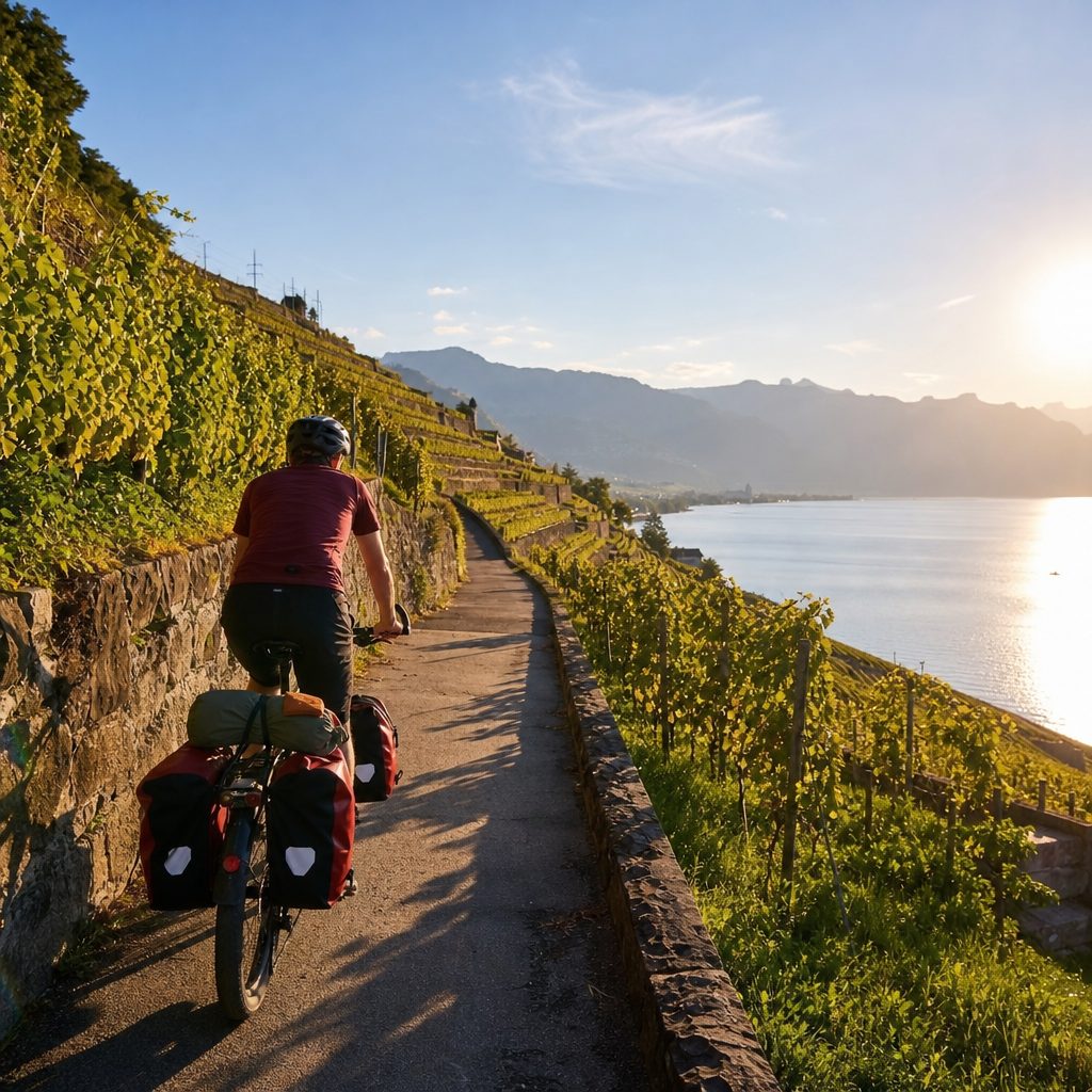 cycliste chargé de sacoches arrière roulant sur une piste cyclable bordée de vignes en terrasses au bord d'un lac, lumière de fin d'après-midi