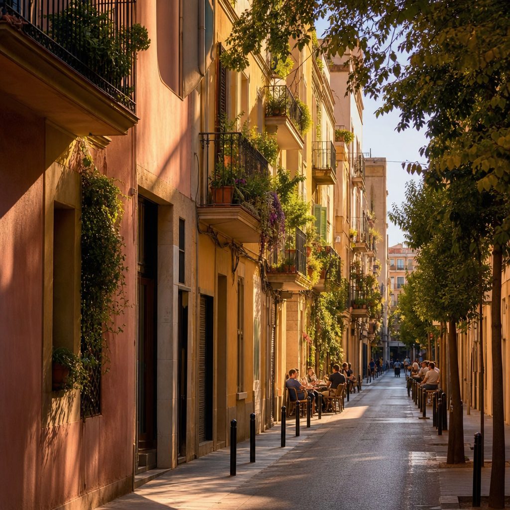 rue résidentielle du quartier de Gràcia à Barcelone, façades colorées et balcons fleuris, lumière dorée de fin d'après-midi, quelques passants attablés en terrasse