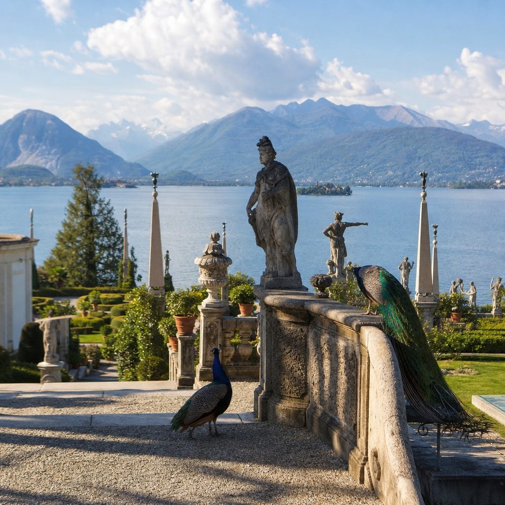 jardins en terrasses du Palazzo Borromeo sur Isola Bella, statues et paons en premier plan, lac Majeur et montagnes en arrière-plan sous une lumière d'après-midi