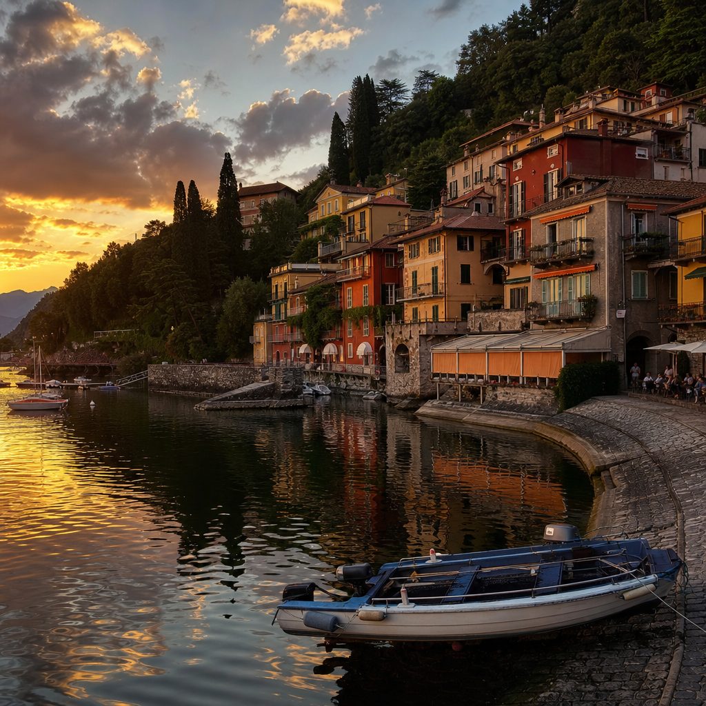 village lacustre de Varenna au coucher du soleil, façades colorées se reflétant dans l'eau calme du lac de Côme, petit port de pêche au premier plan